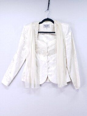 Vintage Nah Nah Collections Blazer With Scarf Women Size 8 Cream Jacquard Sequin
